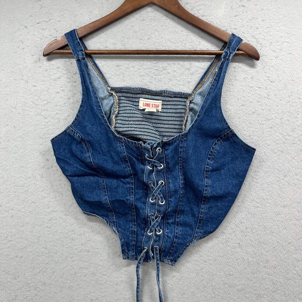 Lone Star Denim Corset Top Womens L Blue Lace Up Front Smocked Western Cowgirl